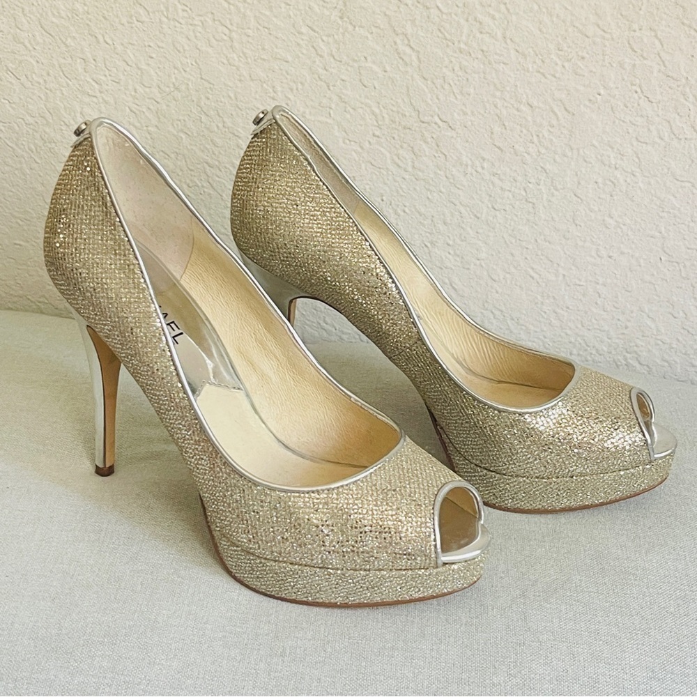 Michael Kors MK Women’s Silver Glitter Peep Toe Heels Shoes Size 7.5M